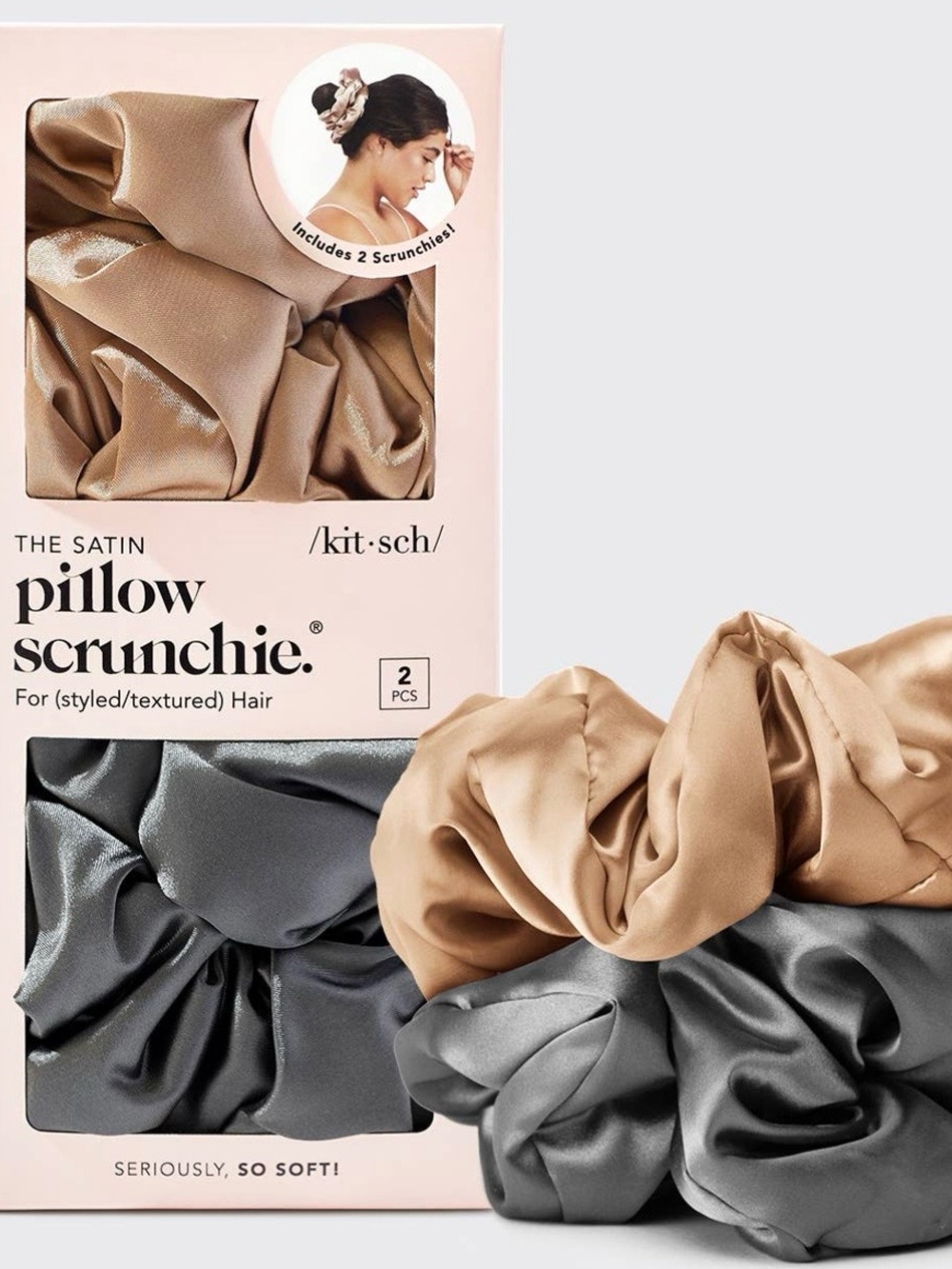 Kitsch Satin Pillow Scrunchie Duo — Taupe & black